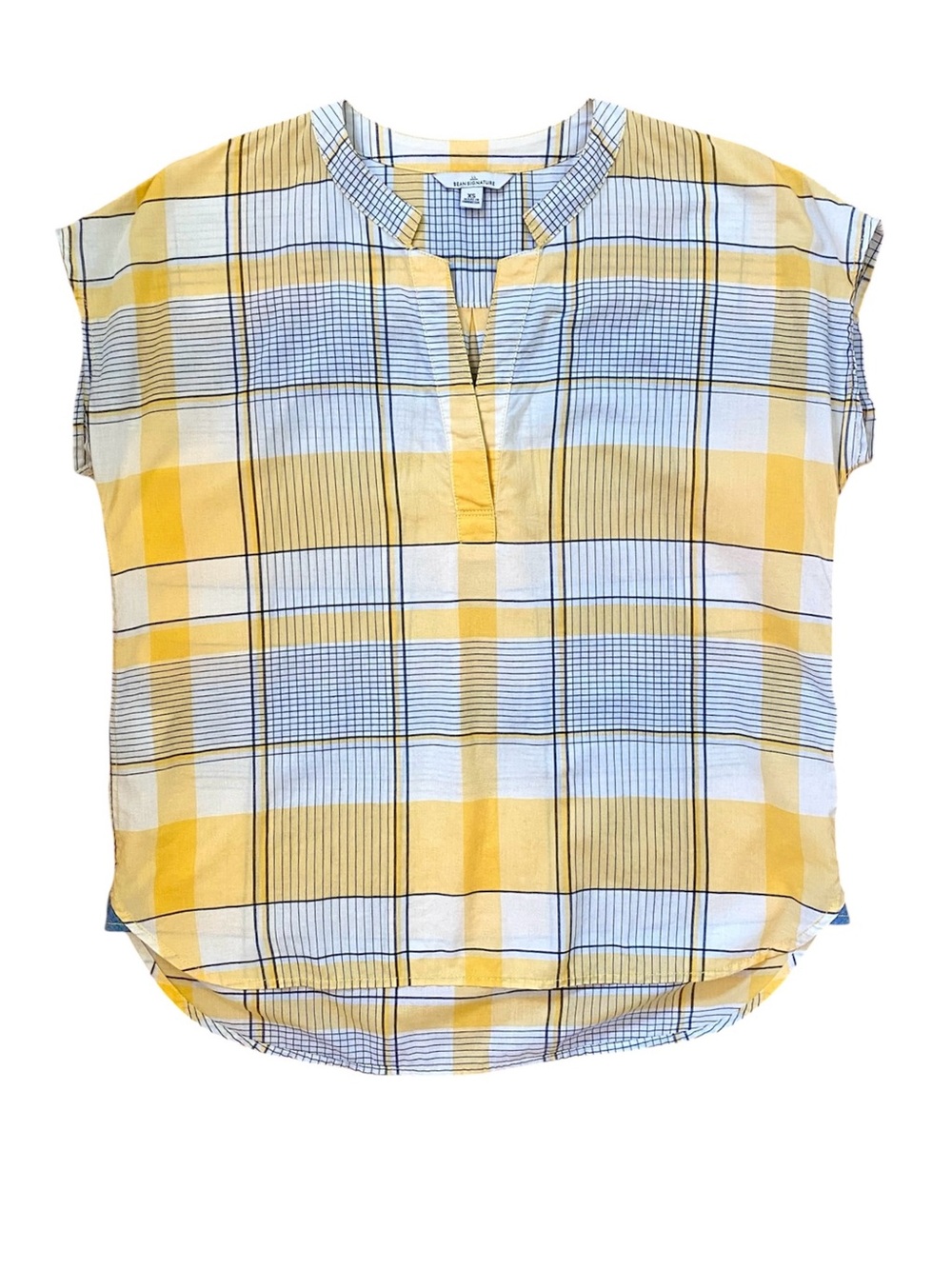 L.L. BEAN SIGNATURE plaid cotton split neck top